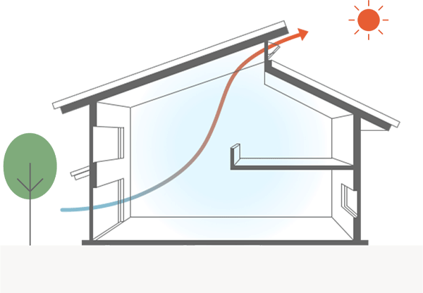 暖かい空気は天井に集まりやすい特性を生かした高い換気性の実現。