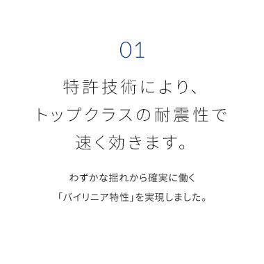 01 特許技術により、トップクラスの耐震性で速く効きます。 わずかな揺れから確実に働く「バイリニア特性」を実現しました。