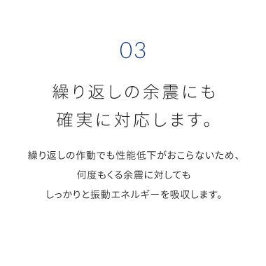 03 繰り返しの余震にも 確実に対応します。 繰り返しの作動でも性能低下がおこらないため、 何度もくる余震に対しても しっかりと振動エネルギーを吸収します。